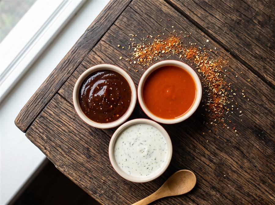 BBQ, hot sauce, and ranch dipping cups with seasoning